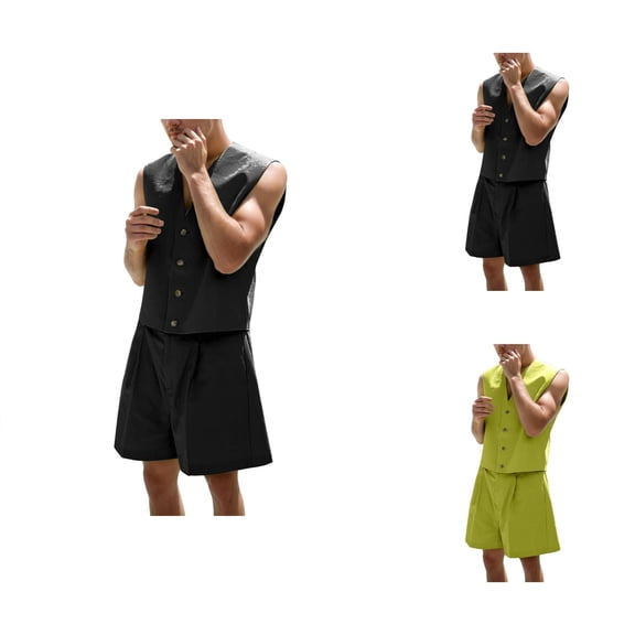 Short Sets for Men Sleeveless V Neck Button Vest and High Waist Wide Leg Shorts 2 Piece Matching Set Mens Summer Outfits
