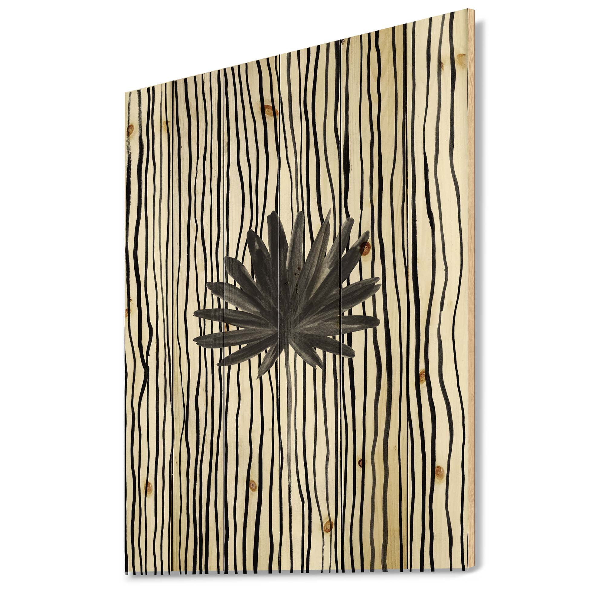 Designart 'Black and White Striped Under Tropical Leaf III' Modern Print on Natural Pine Wood