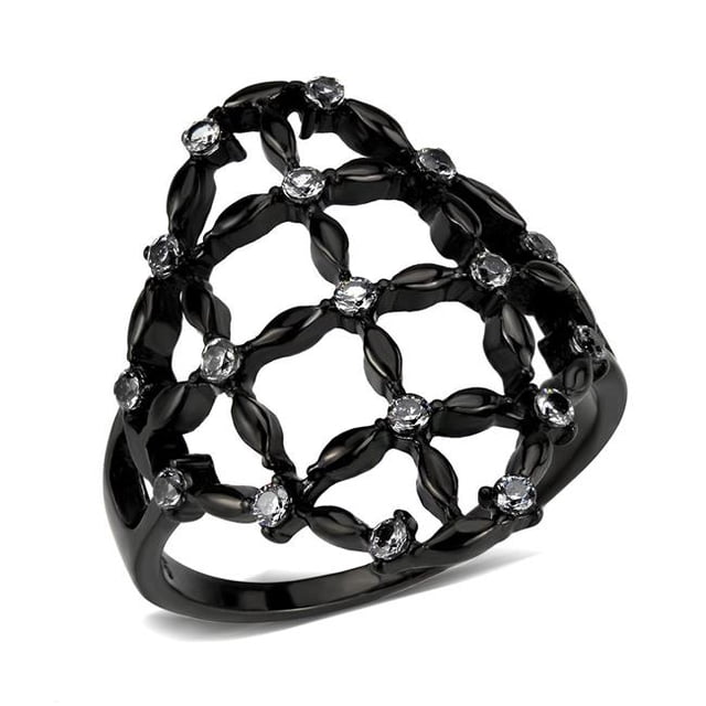 IP Black Stainless Steel Ring with AAA Grade CZ, Clear - Size 5