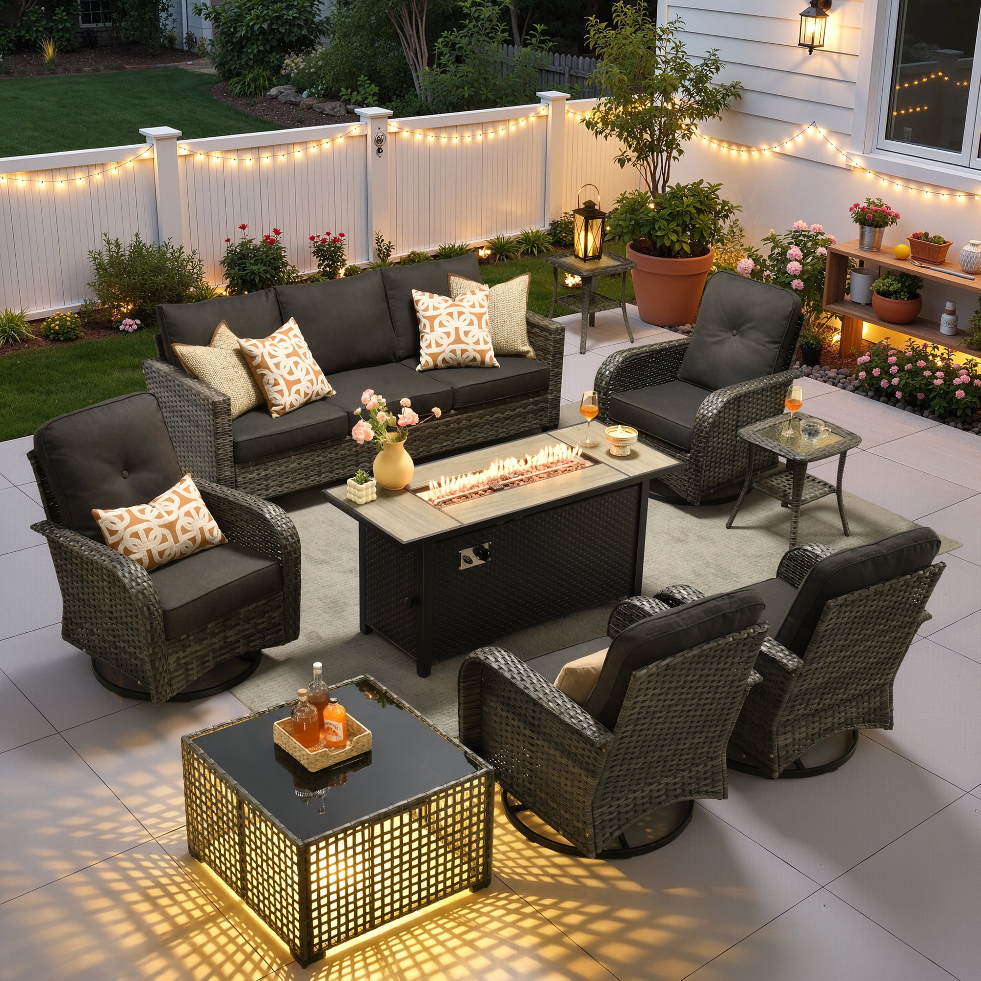 Ovios 9 Pieces Patio Furniture Set with Fire Pit Table Outdoor Conversation All-Weather Rattan Sectional Sofa with Swivel Chairs & Solar Light Table