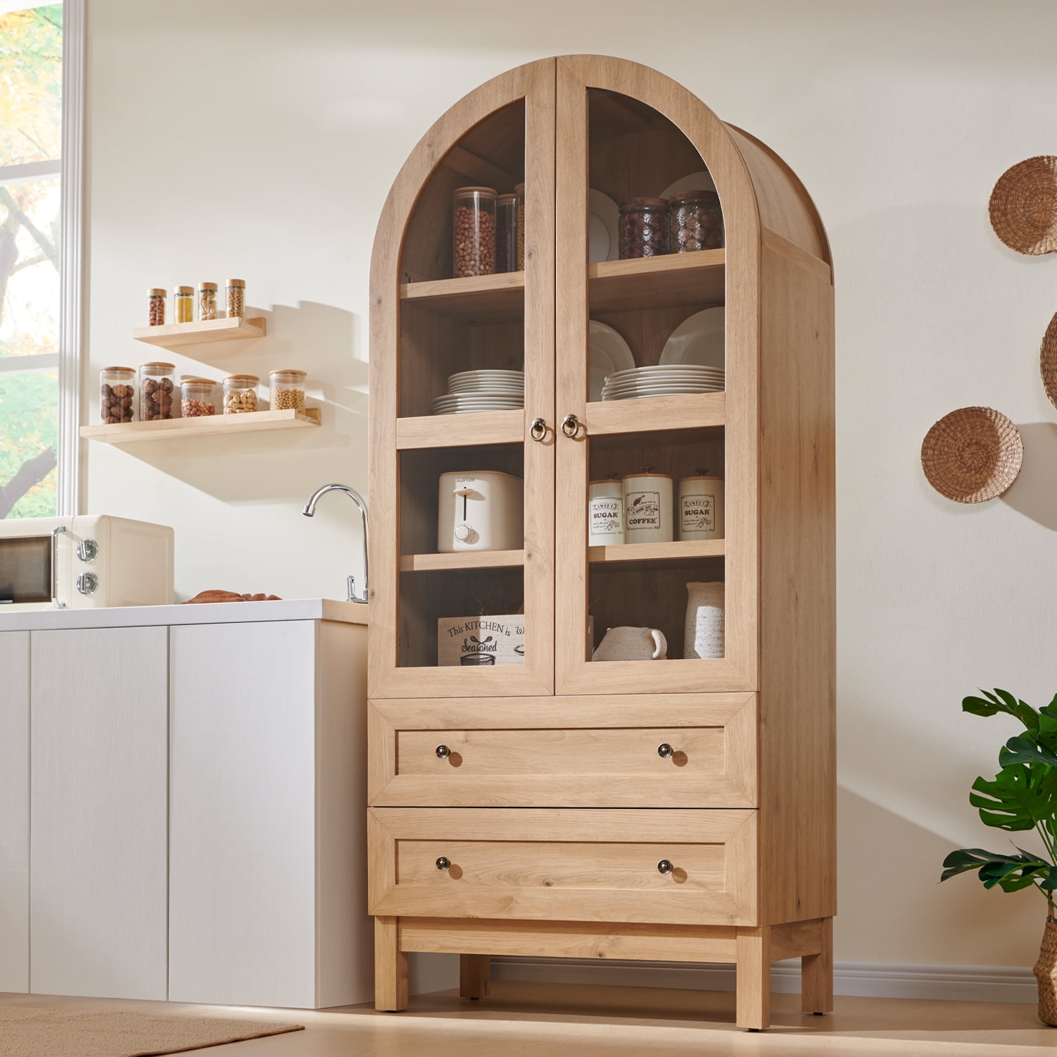 SinCiDo Arched Kitchen Pantry Storage Cabinet, 71" Tall Wood Pantry Shelves with 2 Doors & 2 Large Drawers for Dining Room Living Room