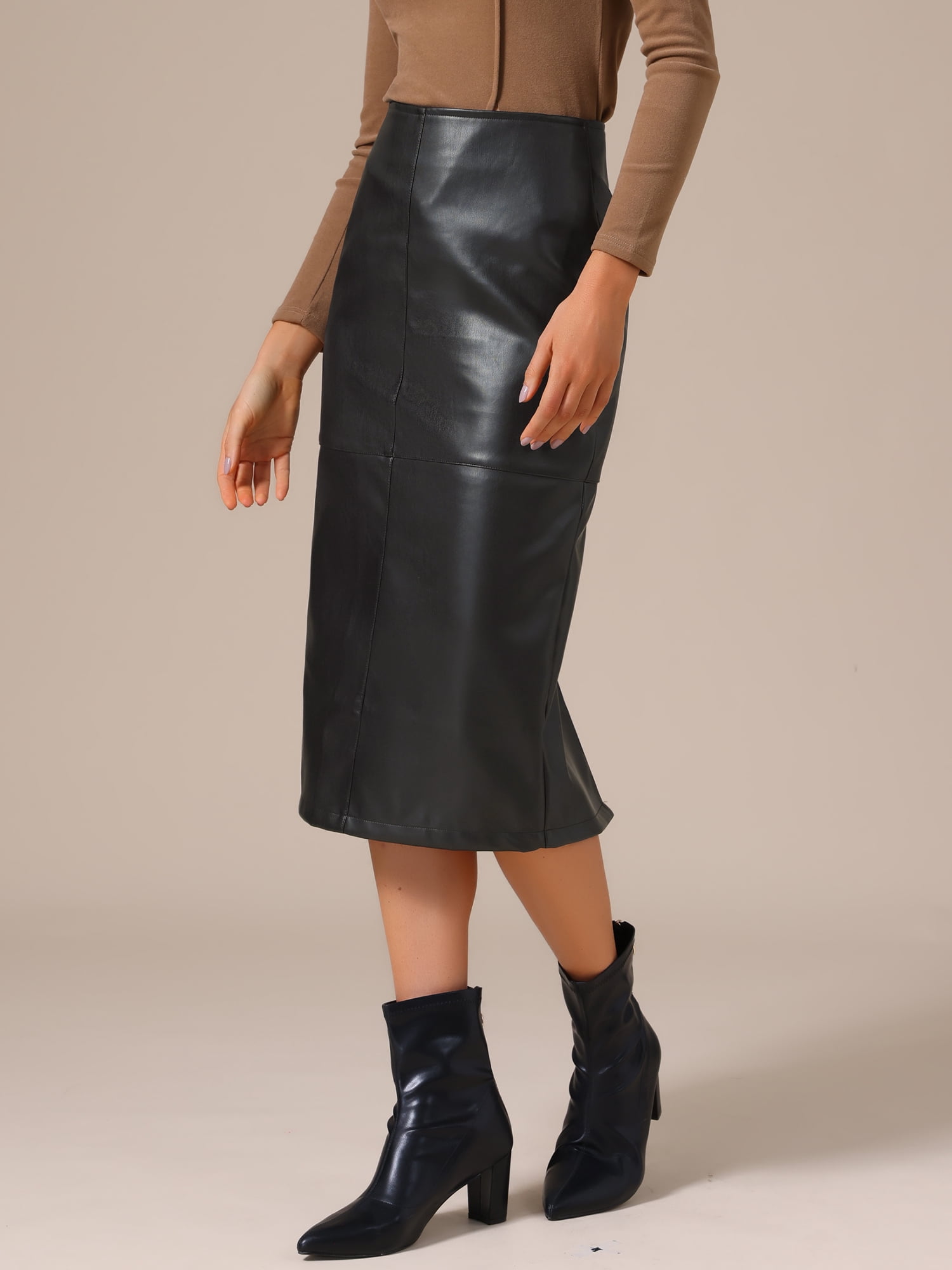 DARING DIVA Women's PU Leather Midi Party Split Back Bodycon Pencil Skirt X-Large Black