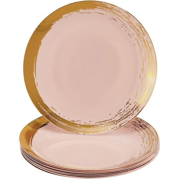 Gold Brush Stroke Rimmed Plastic Dessert Plates for Party (10 PC) Heavy Duty Disposable Dinner Set 7.5", Fine China Look Dishes for Baby Showers, Birthdays, Weddings, Holidays & Events - Blush