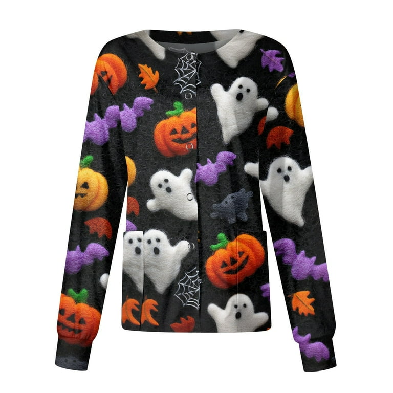 LHVUOA Halloween Women Scrub Jacket Long Sleeve Plus Size Cute