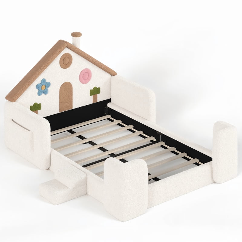 Full Size Kids Floor Bed with House Shaped Headboard, Upholstered Teddy Fabric Child Storage Platform Bed Frame with Pocket