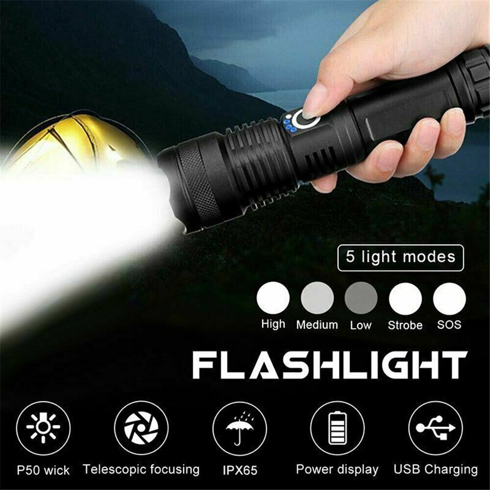 90000 Lumens Powerful Flashlight, USB Rechargeable Waterproof XHP70  Searchlight Super Bright Modes LED Flashlight Zoom Bar Torch for Hiking  Hunting Camping Outdoor Sport (Battery Included)