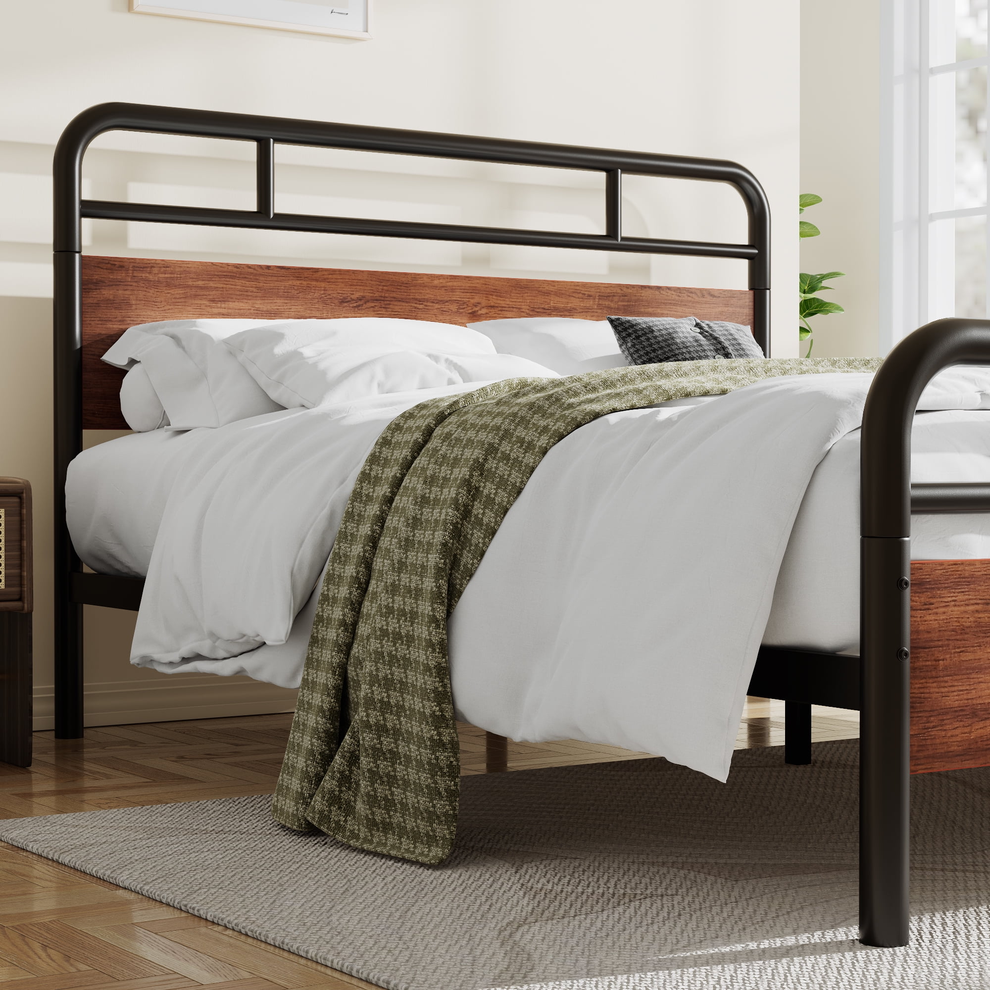 Sha Cerlin Light Brown Full Size Metal Platform Bed Frame with Industrial Heavy Duty Wooden Headboard