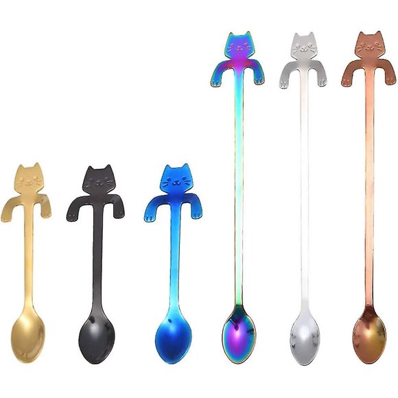 6 Pcs Cat Spoon Coffee Tea Spoon Set, Stainless Steel Hanging Cup Teaspoons Mini Long Cut Crday Gift