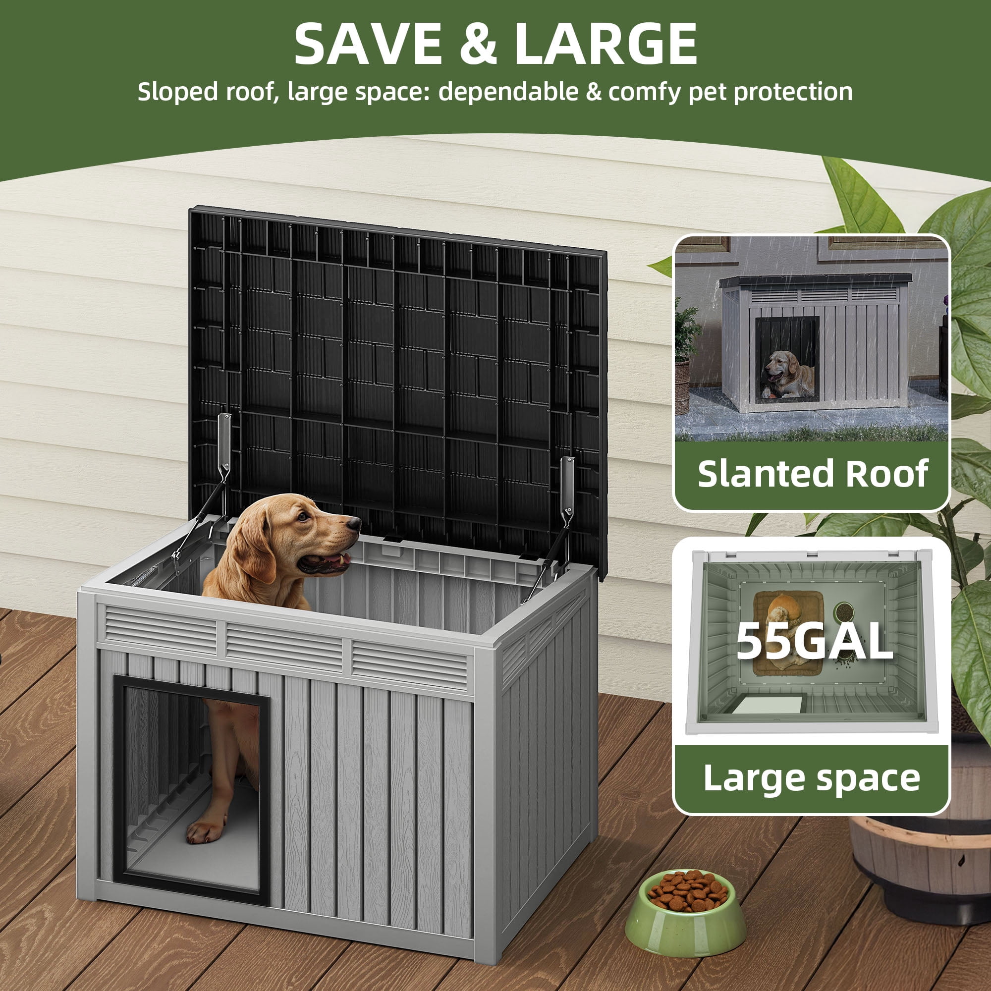 Uforic 32" Plastic Dog House, Outdoor Indoor Dog Kennel with Liftable Roof & Good Ventilation for Medium Dogs, Gray