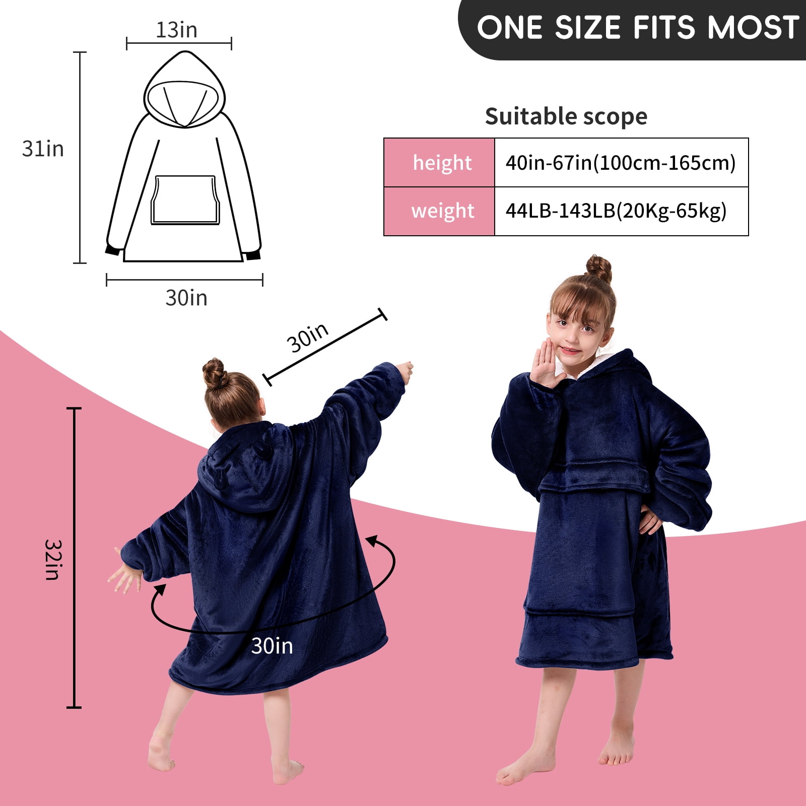 PMONPA Wearable Blanket Hoodie for Kids, Soft Double Layer Sherpa Fleece Sweatshirt,Teen Gifts for Kids, Youth, Boys, Girls, One Size, Blue
