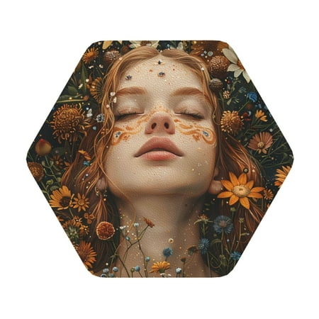 

Salouo Whimsical Flower Crown Maiden Print Round Coaster Drink Coasters Leather Bar Beer Beverage Coasters for Drinks Set of 4 for Tabletop Protection Coffee Table Decor