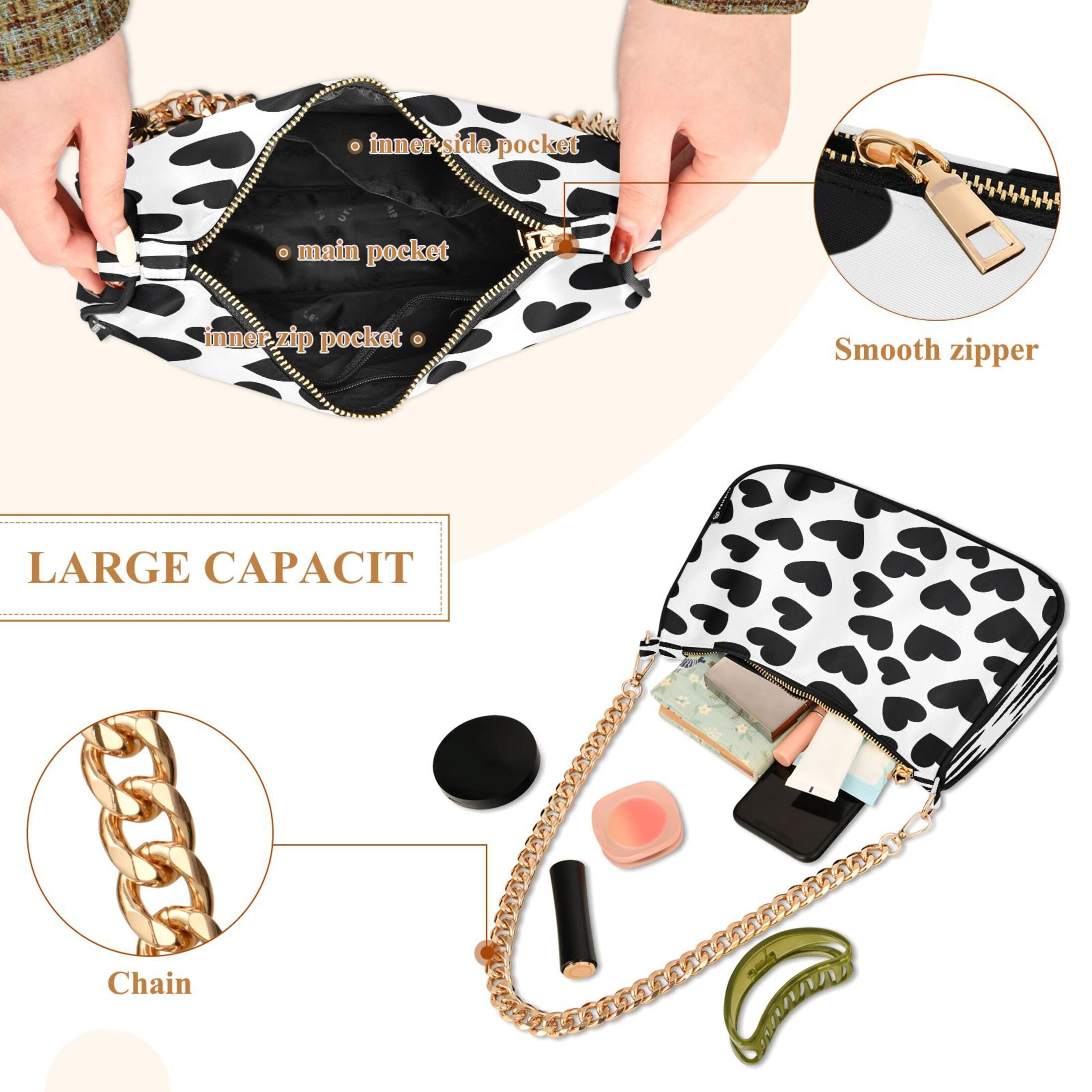 Ryvnso Black Heart Pattern Womens Chain Shoulder Bag Tote Handbags Clutch Hobo Purse with Zipper for Travel