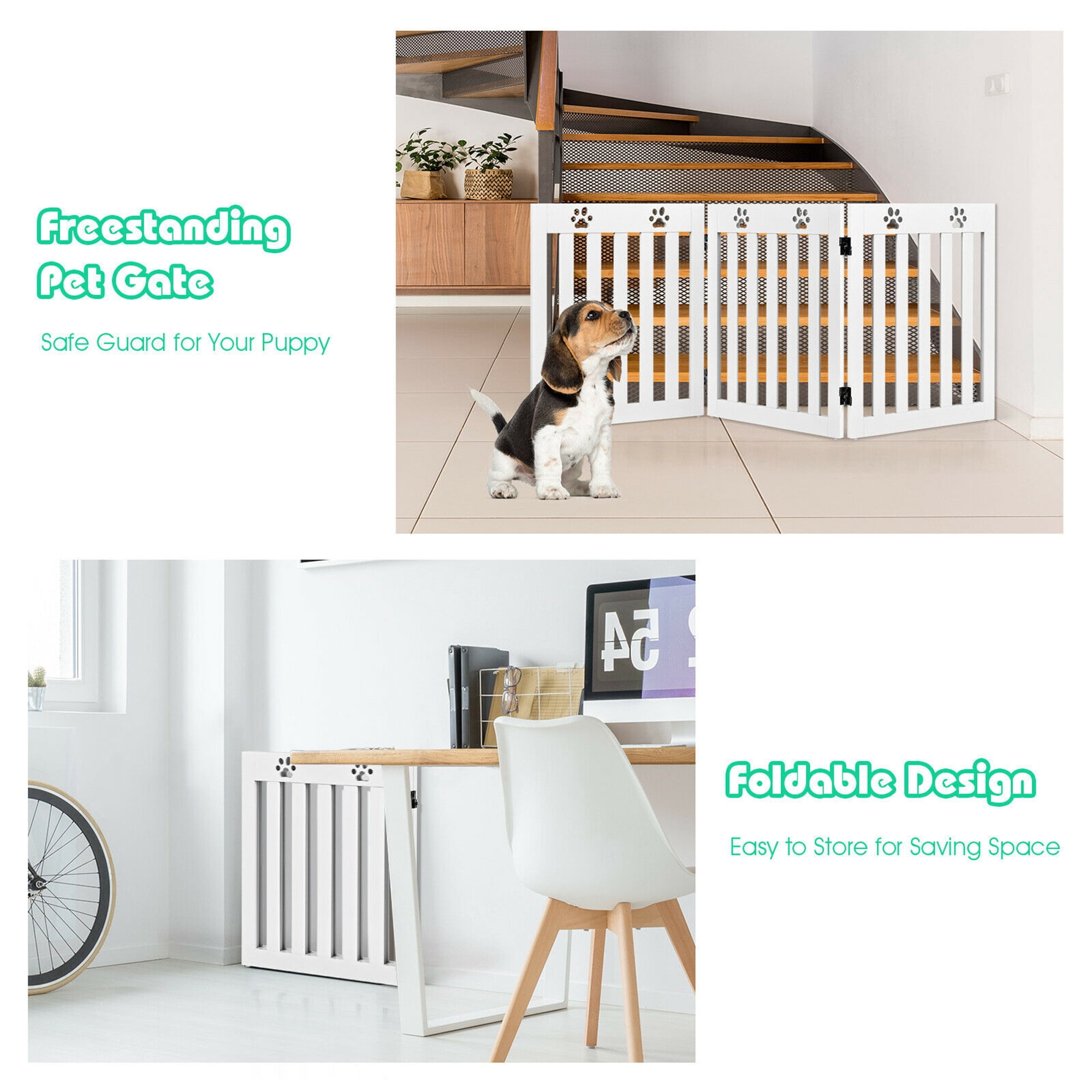 Gymax 24'' Folding Pet Gate with 360° Flexible Hinge, Wooden
