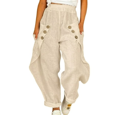 Eashery Women s Casual Linen Pants Lounge Pants Female Long Trousers Work Pants Women (Solid Color Beige M)