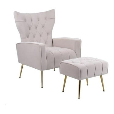 FurniFact Beige Velvet Accent Chair With Ottoman, Wingback Reading Chair With Gold Legs