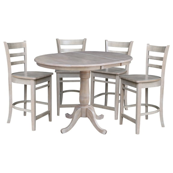 36" Round Solid Wood Counter Height Extension Dining Table with 12" Leaf and 4 Emily Counter Height Stools in Washed Gray Taupe by International Concepts