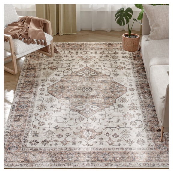 4x6 Area Rug Vintage Washable Non-Slip Rug for Living Room Bedroom Tan