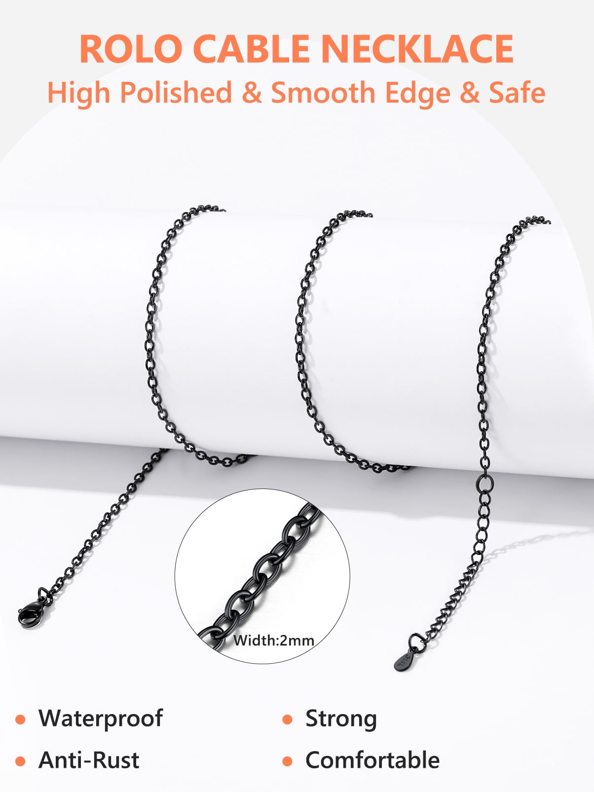 Silovra Women Men Stainless Steel Chain Necklace Black Rolo Cable Chain for Pendant, 2mm Wide, 14/16/18/20/22/24/26/28/30inches