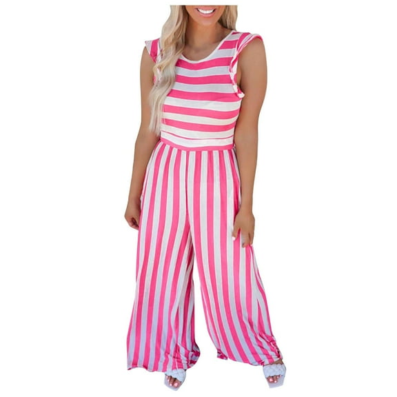 IROINNID Sleeveless Jumpsuit For Women Full-Length Diamond Striped Jumpsuit Casual Wide Leg Pants Jumpsuit