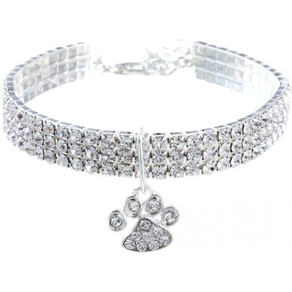 Pet Collar with Diamonds, Adjustable Crystal Diamond Elastic Heart Claw Pendant Wedding cat and Dog Small pet Necklace Jewelry,White