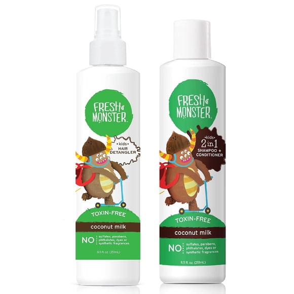 Spray desenredante para cabello Fresh Monster y champú y acondicionador 2 en 1, sin toxinas de coco, hipoalergénico y natural (8,5 oz cada uno)