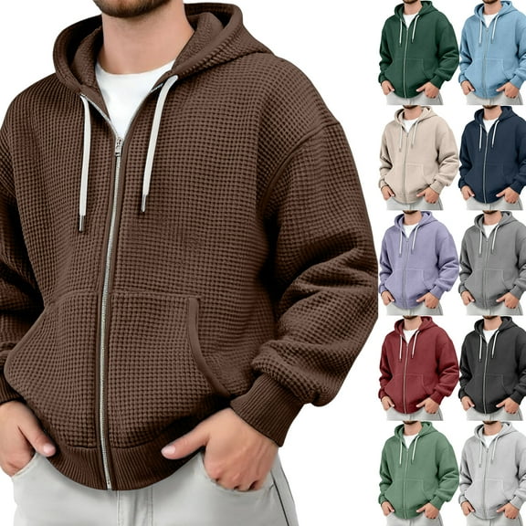Qwertyu Hoodies for Men Waffle Knit Full Zip Up Hooded Sweatshirts Loose Casual Textured Pullover Sweatshirts with Pocket Brown 2XL