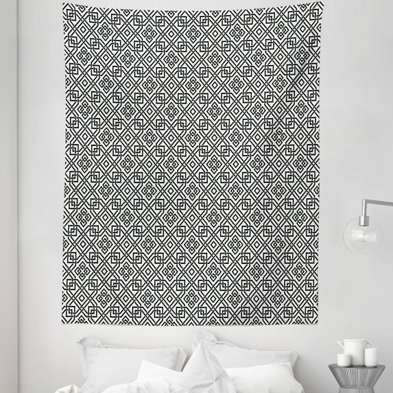 Celtic Tapestry, Illustration of Celtic Interlaced Pattern Traditional Everlasting Knot Motif, Fabric Wall Hanging Decor for Bedroom Living Room Dorm, 5 Sizes, Black and White, by Ambesonne