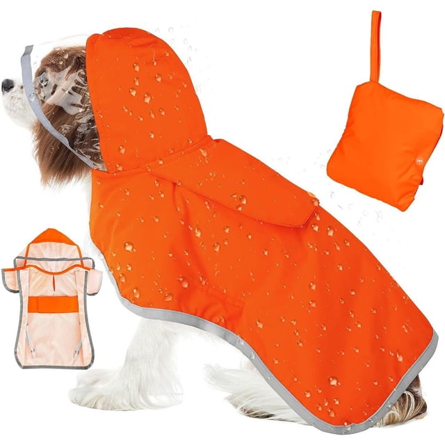 Dog Raincoat, Adjustable Dog Rain Jacket with Clear Hooded Layer for Large Medium Small Dogs Puppies, Waterproof Rain Coat Poncho with Reflective Storage Pocket & Rim (Orange,M)