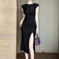 thumbnail image 5 of ZYHT 30842 Women 4 Colors Round Neck Sleeveless Shoulder Pad Solid Color Lady Elegant Ruched Split Bodycon Long Dress, 5 of 5