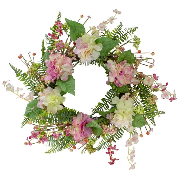 Northlight Pink and Yellow Hydrangea Artificial Spring Wreath with Green Foliage 20-inch