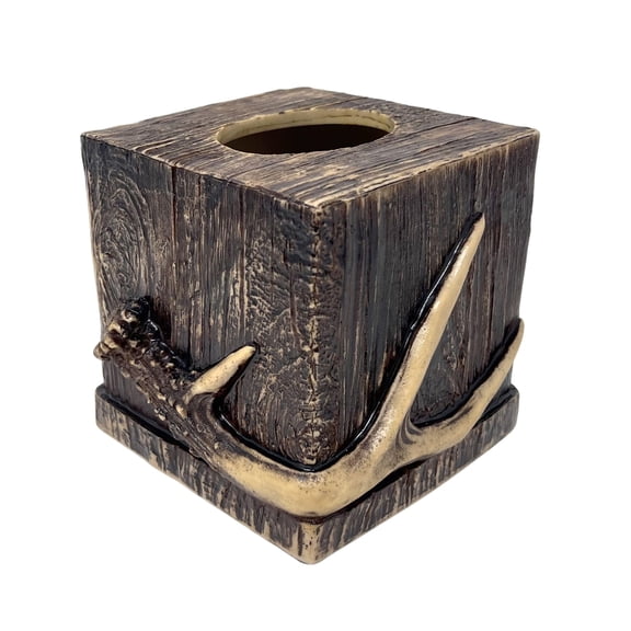 Realistic Wood with Antler Accent Square Tissue Box Cover - Wildlife Nature-Inspired Tissue Holder for Cabin Home Decor - Ideal Gift for Outdoor Nature Lovers and Hunting Enthusiasts