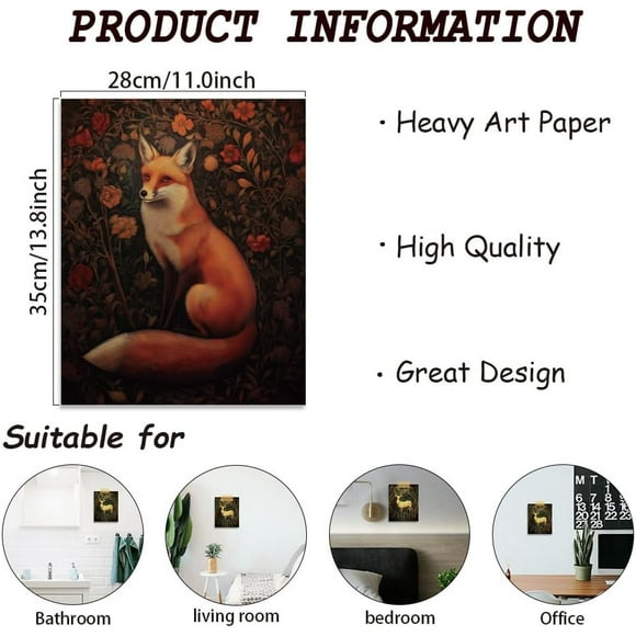4PCS Animal Canvas Wall Prints Vintage Wall Art Posters Wall Posters Prints for Walls Fox Rabbit Deer Owl Art Posters for Living Room Artwork Aesthetic Posters Unframed 28x35cm