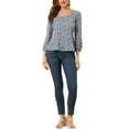 thumbnail image 3 of INSPIRE CHIC Women's Floral Square Neck Long Sleeves Tie Waist Blouse XS Blue, 3 of 7