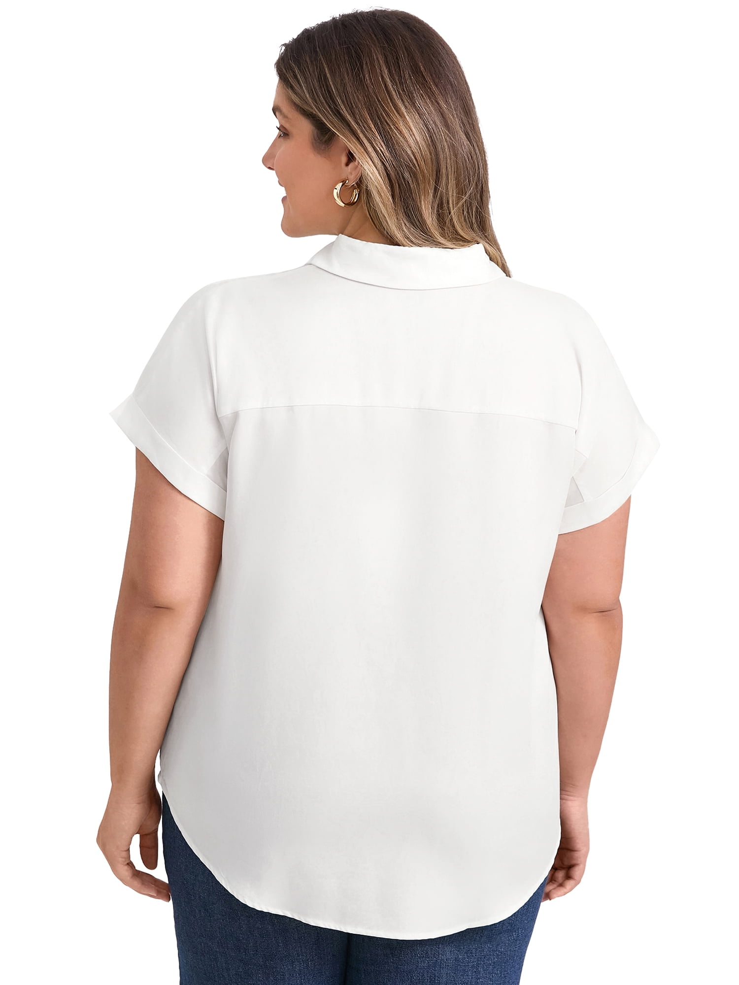 DARING DIVA Women's Plus Size Button Down Polo Lapel Short Sleeve Blouse 1X White