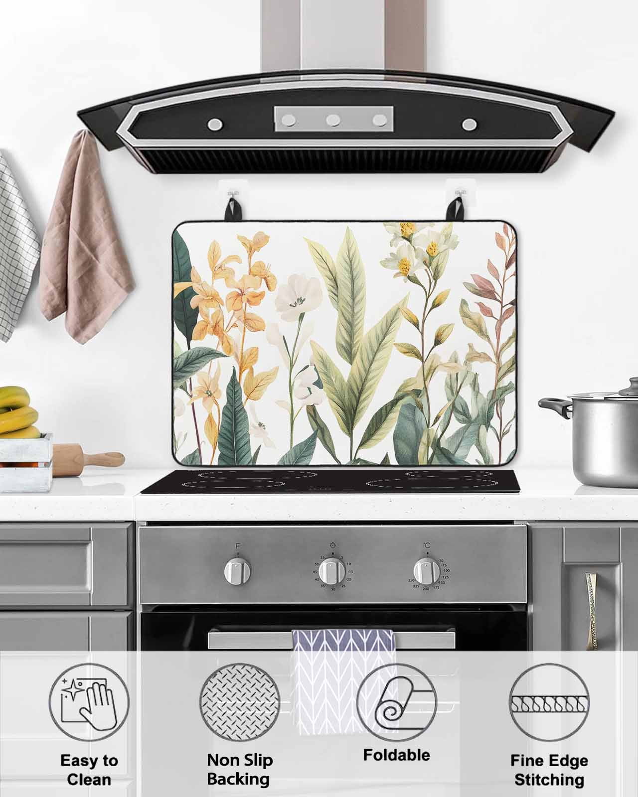 nqOlkjepod Large Induction Cooktop Protector Mat 24"x21", Watercolor Floral Leaves Stove Top Covers for Electric Stove, Farmhouse Tropical Leaf Stove Burner Cover Mats, Glass Top Stove Cover