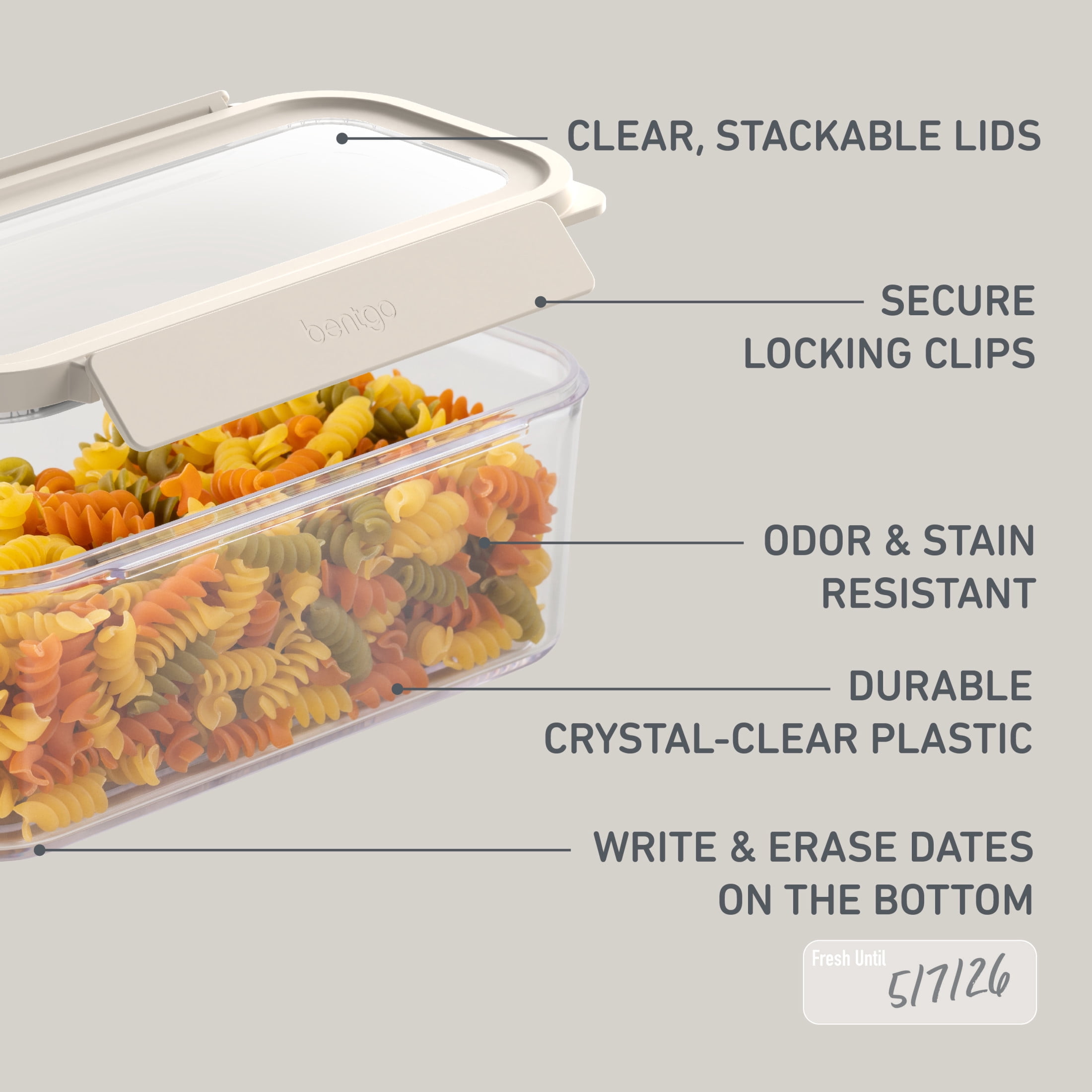 Bentgo Pantry - 22-Piece Airtight Food Storage Containers, Clear and Stackable Kitchen and Pantry Organization Set, Locking Lids for Freshness, Cereal Lid & Scoop, BPA-Free Plastic (White Stone)