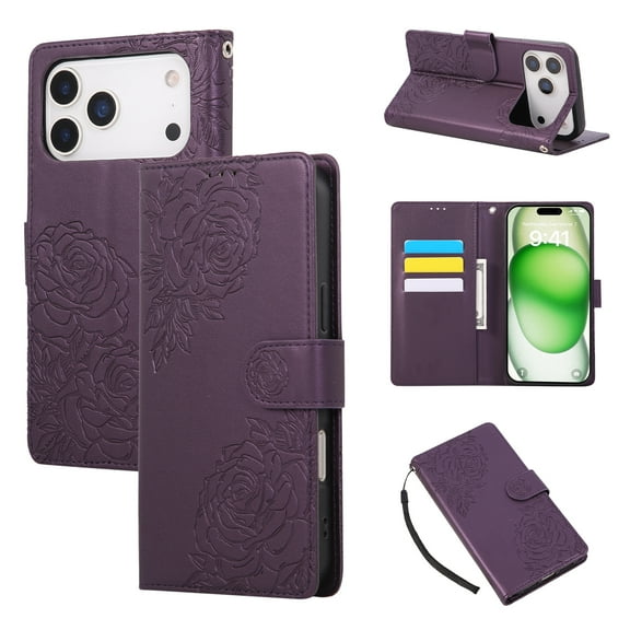 ELEHOLD Case for iPhone 17 Pro Max, Flower Embossed Flip Leather Wallet Phone Case with 3 Card Slots & Wrist Strap,Darkpurple