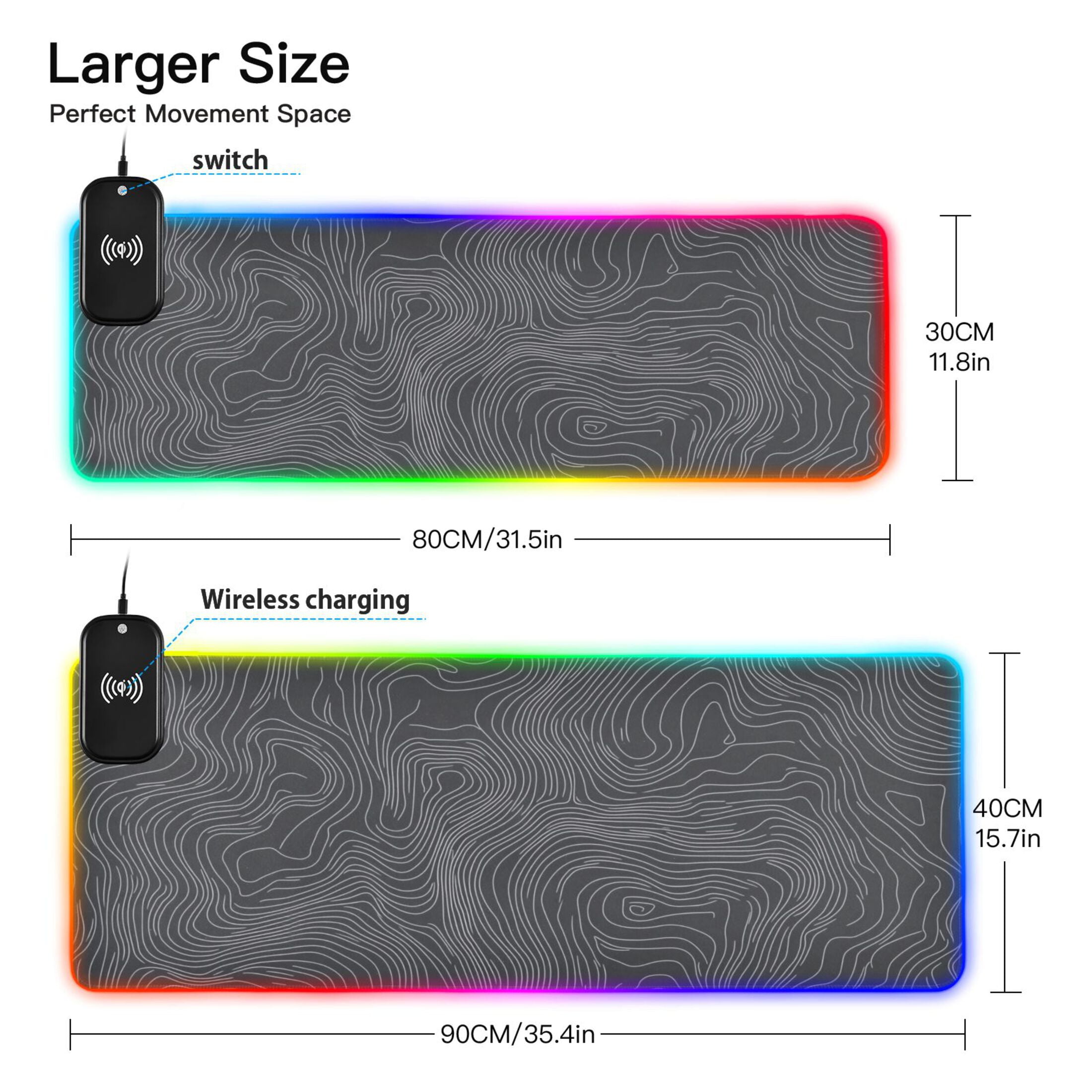 Wireless Charging Mouse Pad Large RGB Gaming Desk Mat 13 Light Modes Mousepad 31.5x11.8 Topographic Line