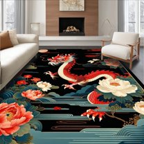Flatwoven High Traffic Area Rug, Cultural Symbolic Dragon Flourish, Non Slip, Stain Resistant, Washable Area Rugs for Living Room, Bedroom(Red, 4X6)