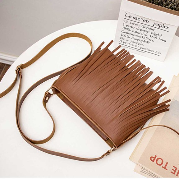 LOLIPPYY Fringed Shoulder Bag Ladies Tassel Bag PU Brown 1Pcs for Everyday Use