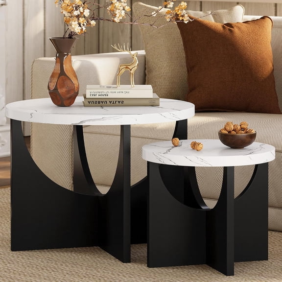 LIKIMIO Nesting Coffee Tables Set of 2, 23.6" Small Round Side Tables for Living Room, Wooden End Table, Marble