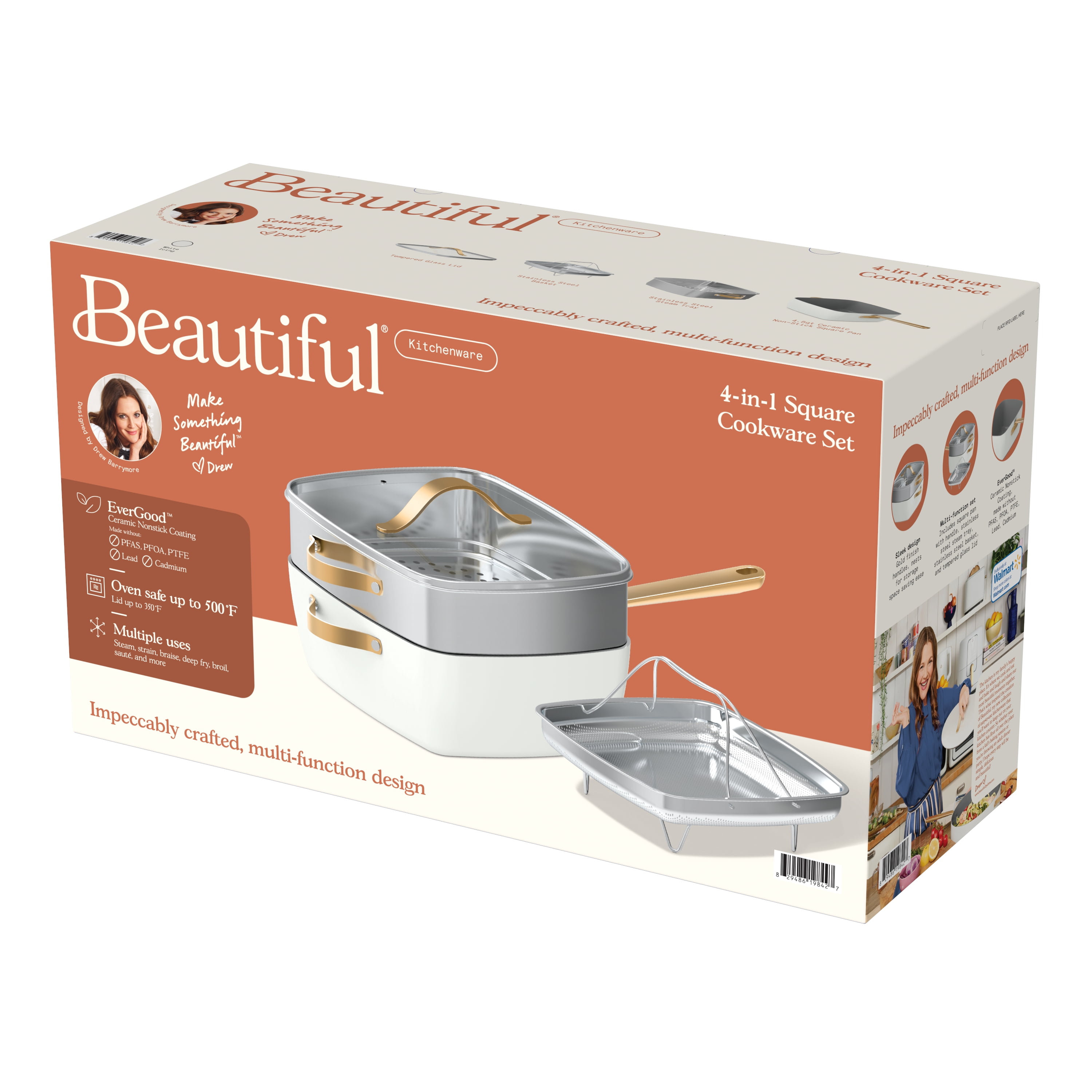 Beautiful by Drew Barrymore 4-Piece 4.5 qt Ceramic Non-Stick Square Pan Cookware Set, White Icing