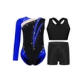 thumbnail image 1 of inlzdz Dance Unitards for Girls Shiny Rhinestones Color Block Asymmetrical Skating Leotard with Royal Blue 14, 1 of 5