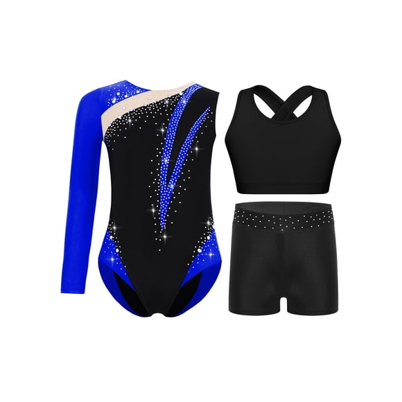 YiZYiF Toddler Girls Gym Yoga Workout Color Block Leotard with Cropped Vest and Shorts Sparkly Royal Blue 12