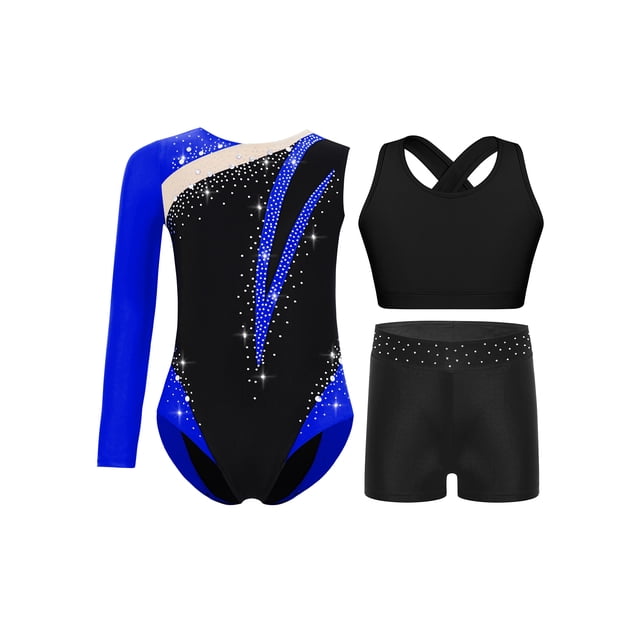 inlzdz Dance Unitards for Girls Shiny Rhinestones Color Block Asymmetrical Skating Leotard with Royal Blue 14