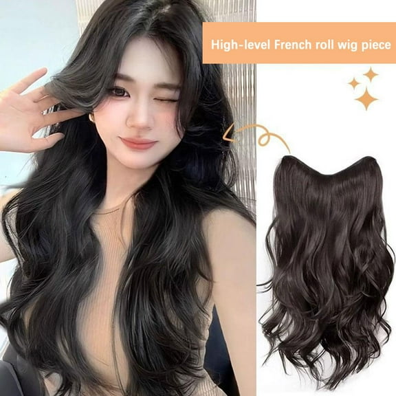 DLQT (Cold Brown 60cm) Wig For Women Long Hair One-Piece Invisible Seamless U-Shaped French Curls Hair Volume Fluffy High-Level Hair Extension Patch