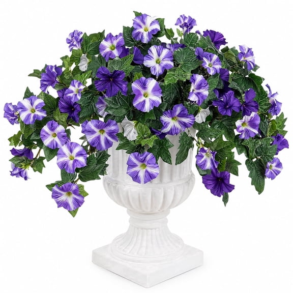 2 Pcs Artificial Morning Glory Flowers Purple White Faux Silk Picks UV Resistant Fake Flowers for Porch Patio Garden