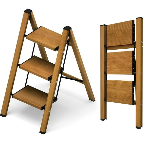 3 Step Ladder, Aluminum Lightweight Folding 3 Step Stool with Anti-Slip Wide Pedal, 330lbs Capacity Ladder for Household,Library,Office(Woodgrain)