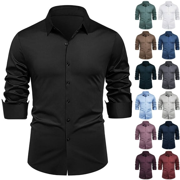 LODIENY Men's Stretch Soft Slim Fit Dress Shirts Long Sleeve Formal Wedding Business Casual Button Down Shirt for Work Office Black XXXXL