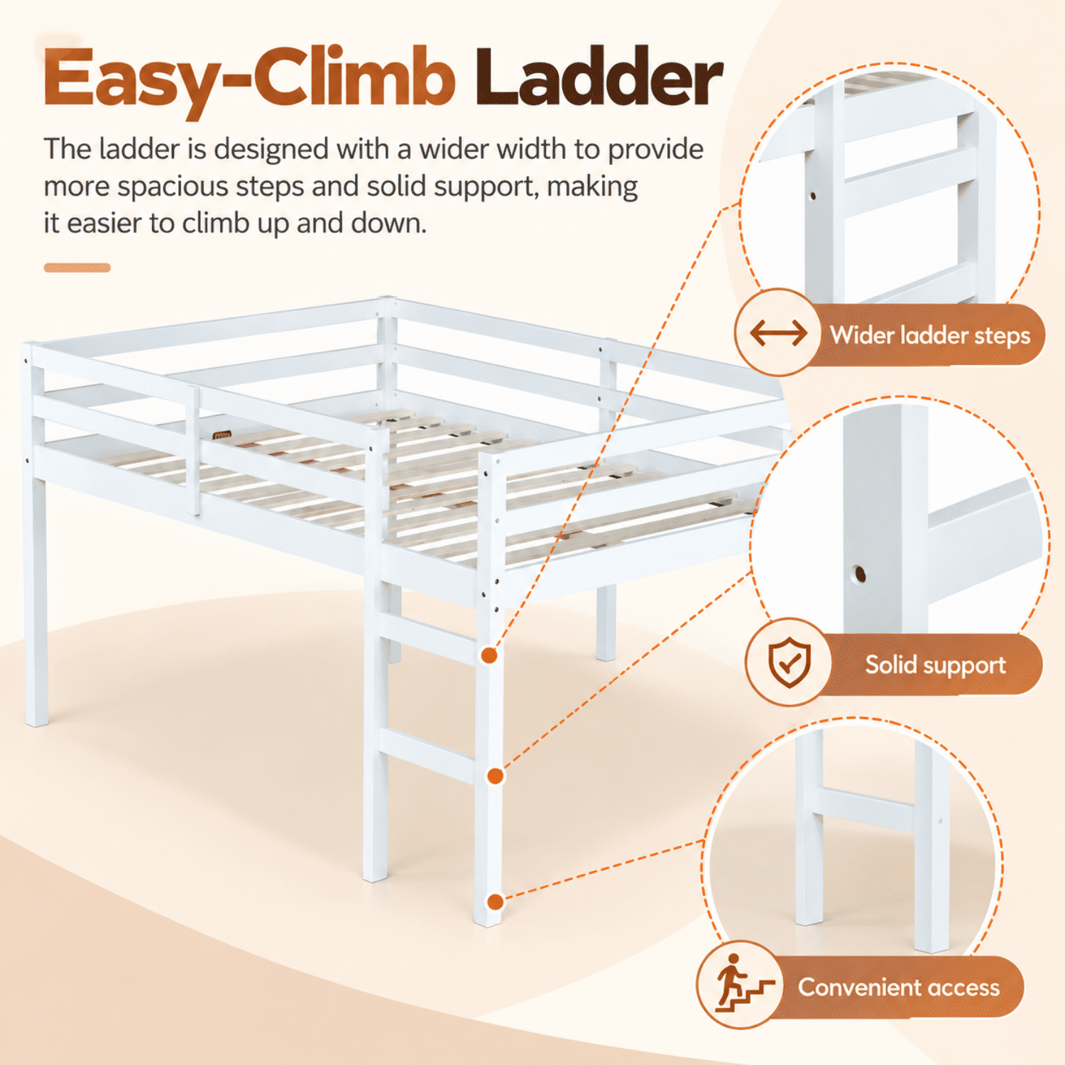 Miniyam Full Loft Bed for Kids, Solid Wood Frame with Ladder and Guardrails, Space-Saving Design, White